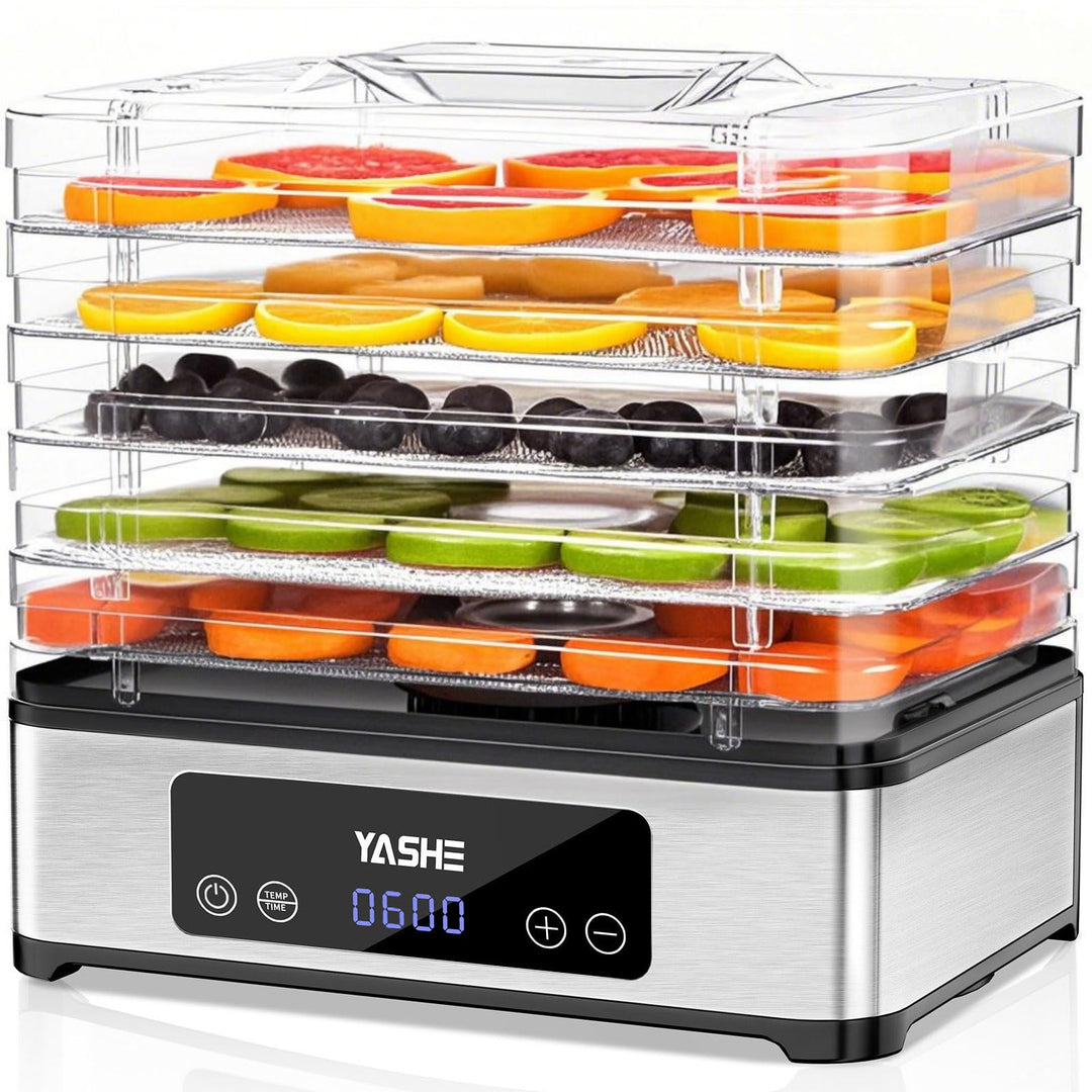 YASHE Dörrautomat mit Edelstahlgitter, 5-lagiger Dörrgerät, 400W Dehydrator mit Timer für Fleisch, O