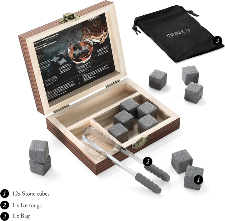 Whisky Steine Set - 12 Wiederverwendbare Basalt Eiswürfel, Zange + Stoffbeutel, Whiskey Ice Cubes Kü