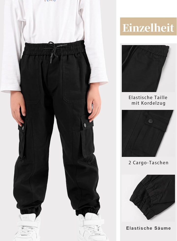 Kinder Cargo Hose mit elastischem Bund Funktionshose Jungen Jogginghose Outdoor 140 Schwarz, 140 Sch