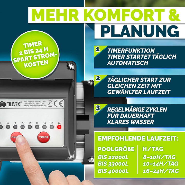 tillvex® Filterpumpe Pool mit Timer 7.000L/h &amp; 250W | Schwimmbadpumpe Förderhöhe max. 7,5m | Poolfil