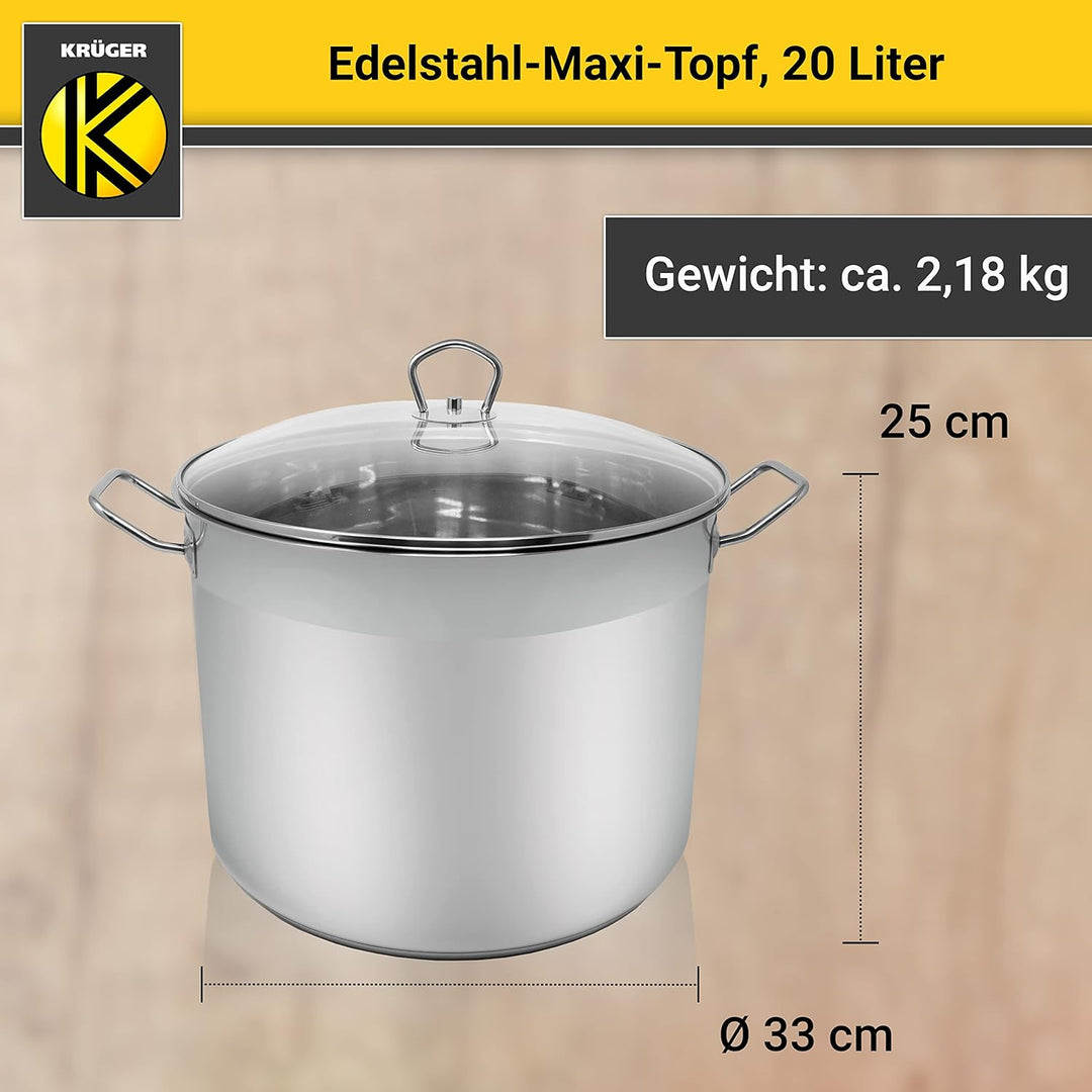 Krüger Edelstahl-Maxitopf - Kochtopf mit Deckel zum Sichtkochen - energiesparender Kapselboden - ide