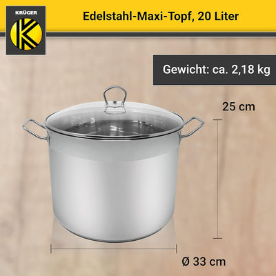 Krüger Edelstahl-Maxitopf - Kochtopf mit Deckel zum Sichtkochen - energiesparender Kapselboden - ide