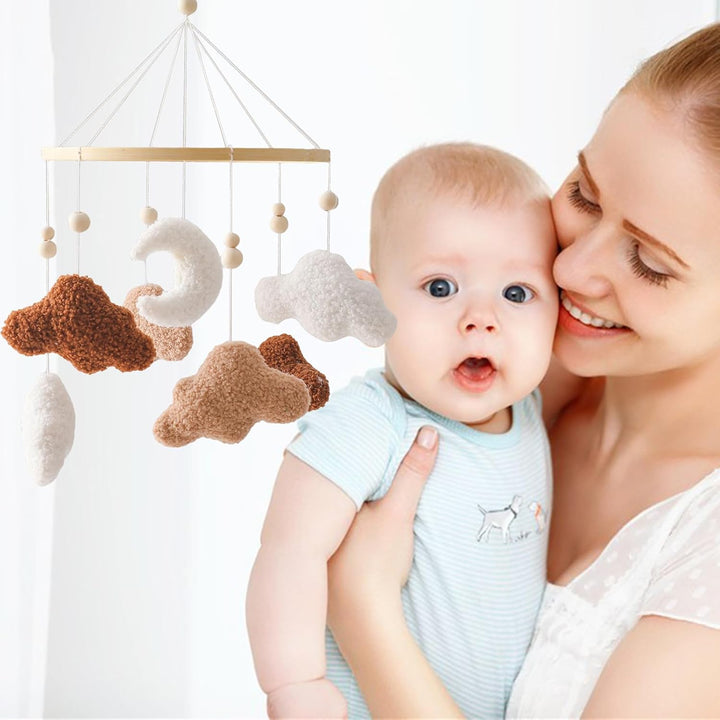 Mobile Baby Windspiele, Babybett Mobile Holz mit 3D Wolken Mond, Kinderzimmer Hängende Bettglocke, N