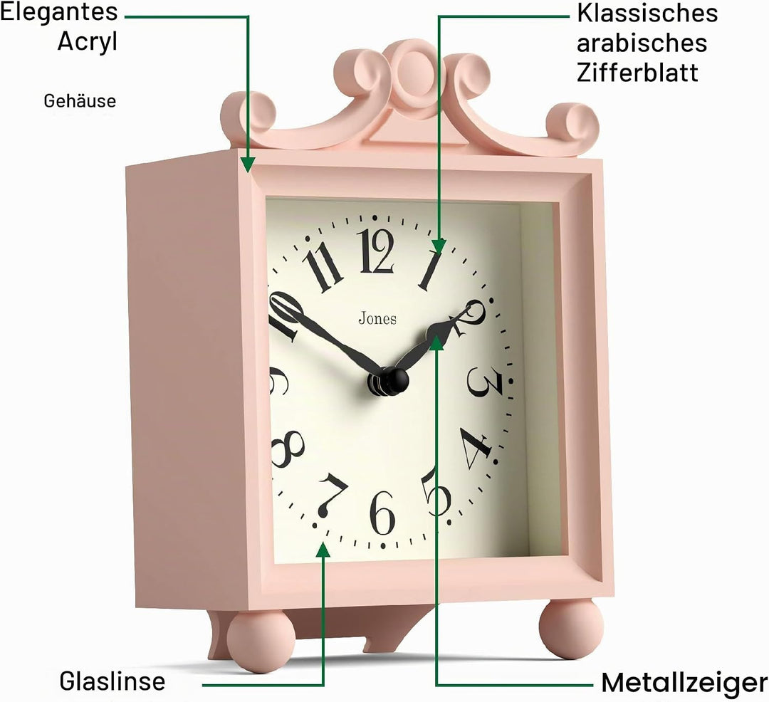 JONES CLOCKS® Parlour Kaminsims Uhr | Klein Klassische Kutschenuhr | Rosa | Elegantes quadratisches