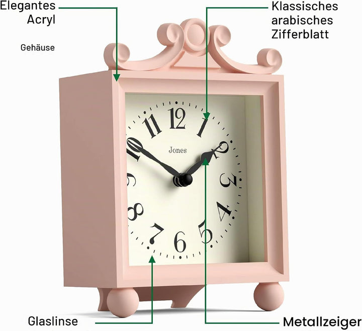 JONES CLOCKS® Parlour Kaminsims Uhr | Klein Klassische Kutschenuhr | Rosa | Elegantes quadratisches