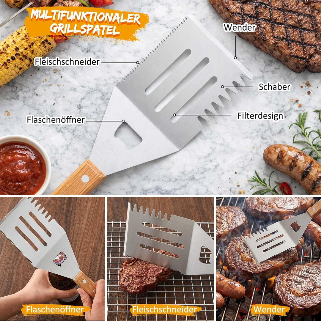 Papa Geschenk 5 Stück Grillset inklusive Graviertes Bambus Schneidebrett und Grillbesteck Set mit Au