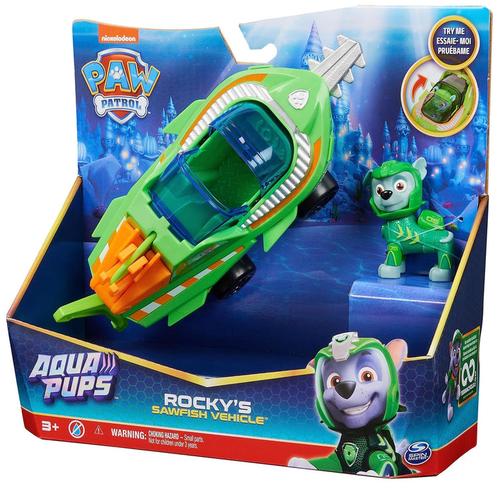 PAW PATROL, Aqua Pups - Basis Fahrzeug Spielzeugauto im Sägefisch-Design mit Rocky Welpenfigur, Spie