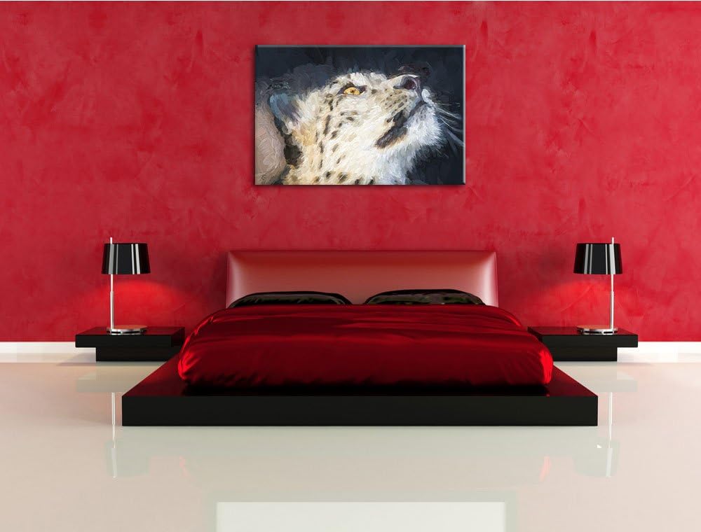 aufschauender Schneeleopard Deluxe Format: 100x70 cm auf Leinwand, XXL riesige Bilder fertig gerahmt