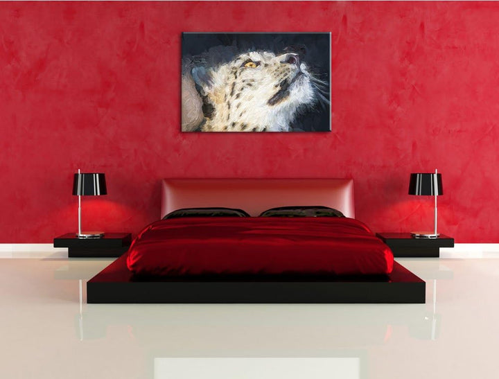 aufschauender Schneeleopard Deluxe Format: 100x70 cm auf Leinwand, XXL riesige Bilder fertig gerahmt
