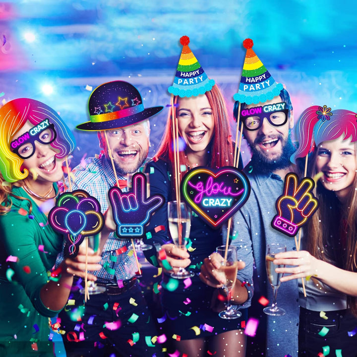 33 Stück Fotobox Accessoires Neon Party Deko mit Aufblasbare Instrumente Set für Geburtstag, Karneva