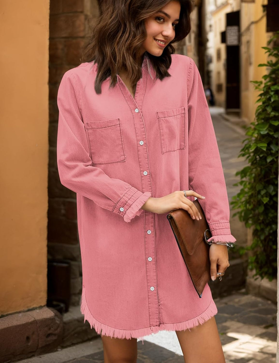 Zilcremo Damen V-Ausschnitt Blusenkleid Hemdkleid Jeanskleider Langarm Knopf Runter Shirtkleid Tunik