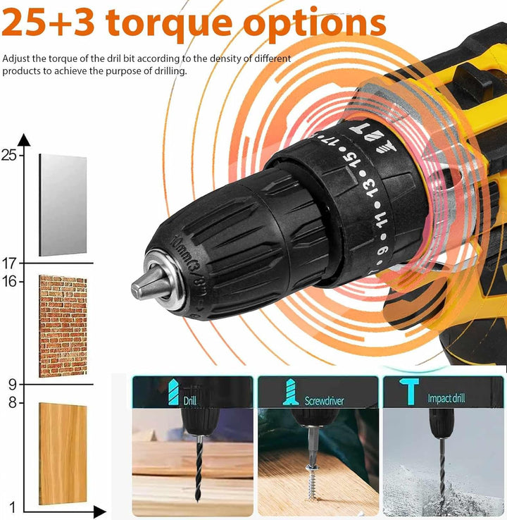 Akku-Bohrschrauber 28 V, elektrische Bohrmaschine, kabellos, mit 2 Akkus + 24 Zubehörteilen, 25 + 3