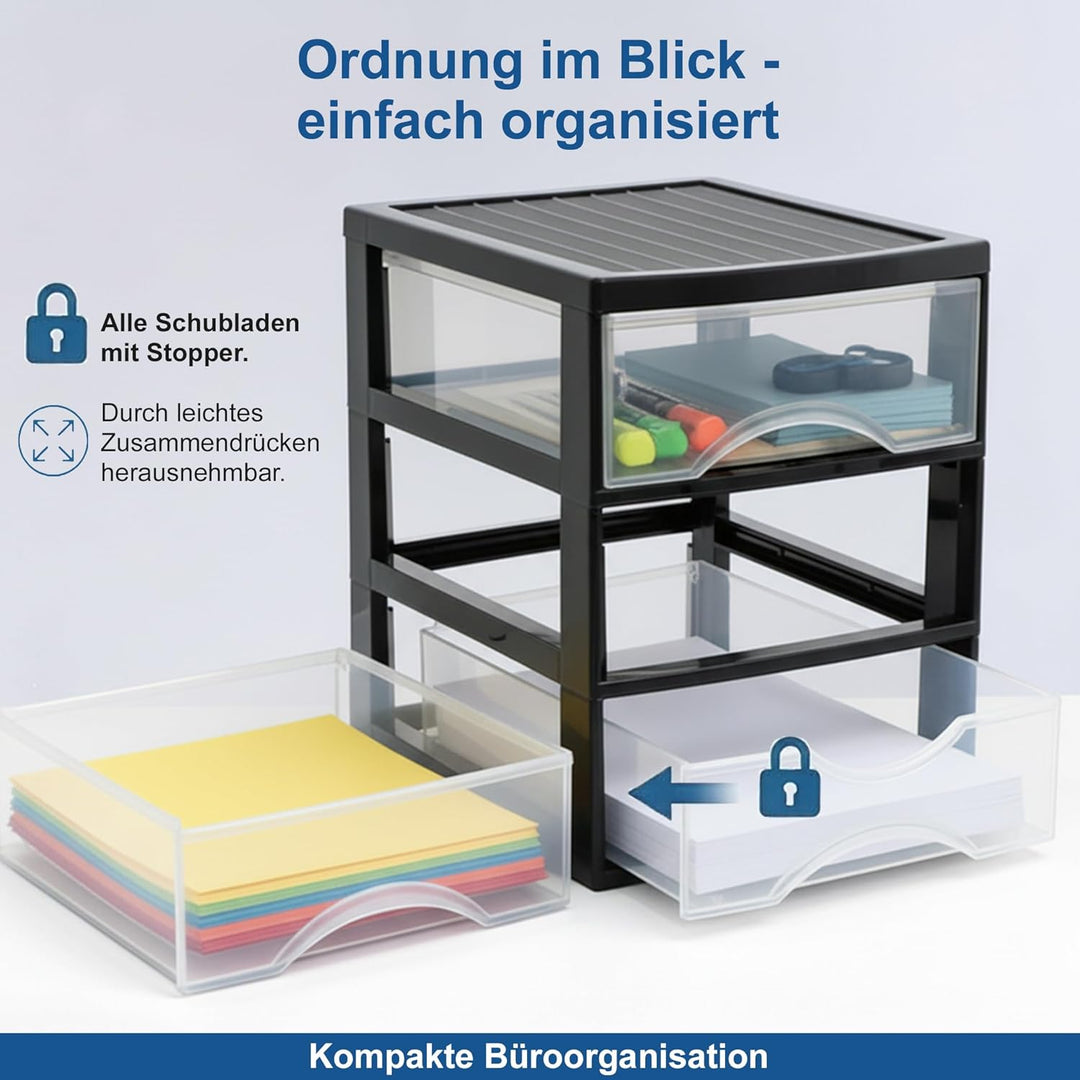 Hausfelder Schubladenbox A4 mit 3 Schubladen inkl. Aufkleber, Schubladenturm Box aus Kunststoff für