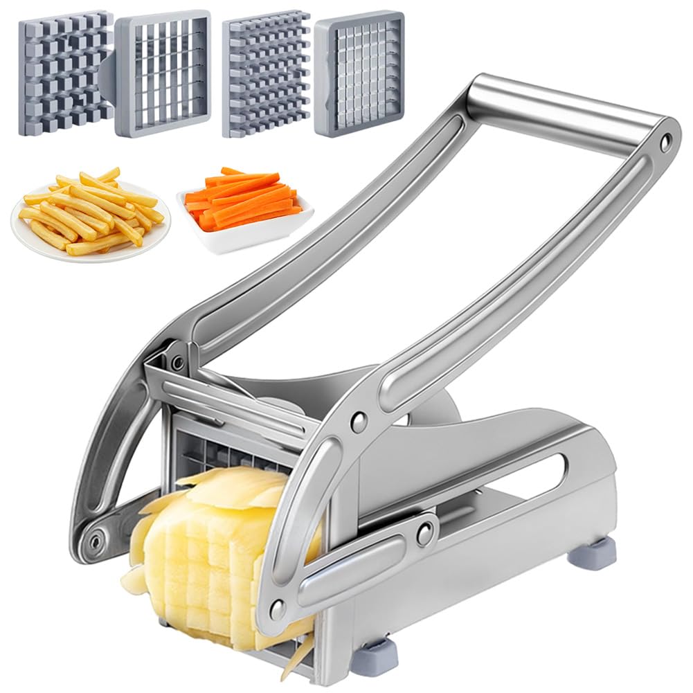 Pommesschneider Edelstahl, Pommespresse mit 2 Schneideeinsätzen, Multifunktionaler Kartoffelschneide