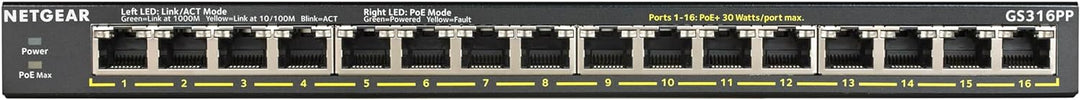 Netgear GS316PP 16 Port Gigabit Ethernet LAN PoE Switch (mit 16x PoE+ 183W, Plug-and-Play Netzwerk S