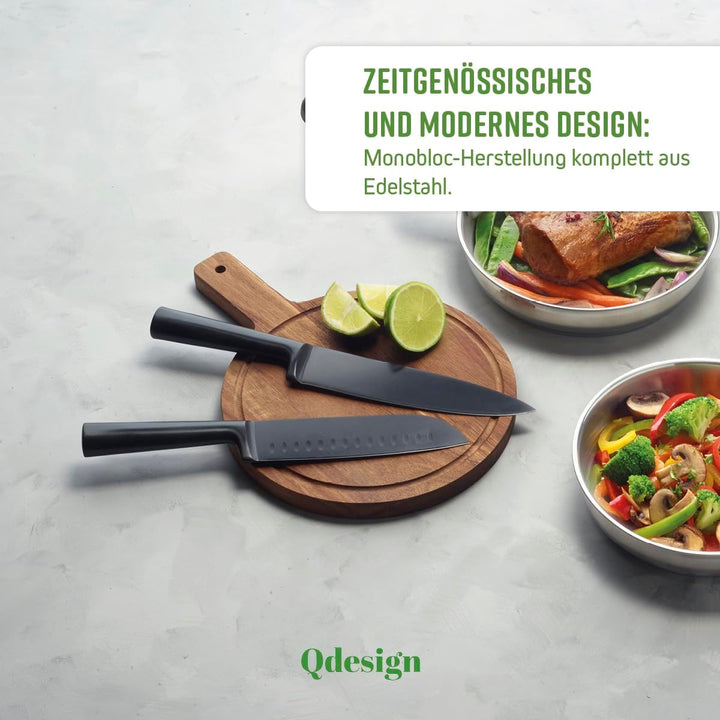 Qdesign - 8er-Set Messer aus Edelstahl - Koch-, Brot-, Aufschnitt-, Ausbein-, Santoku-Messer - für O