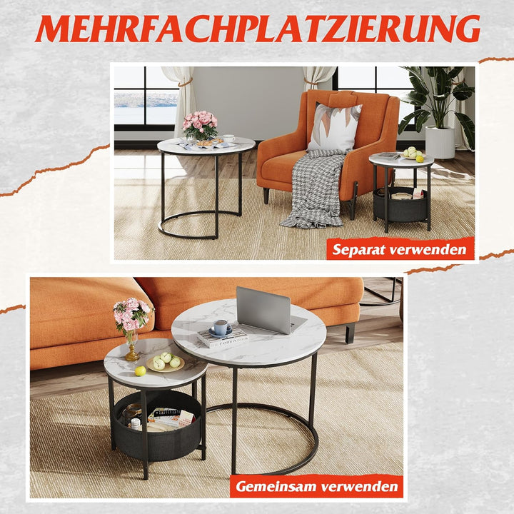WLIVE Runder Couchtisch Weiss, Wohnzimmer Tisch für Couch mit Stauraum, Beistelltisch mit Metallrahm
