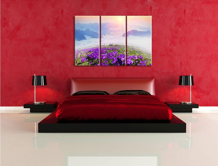 Pixxprint Krokusse in den Bergen als Leinwandbild/Grösse: 3 Teilig (120x80) / Wandbild/Kunstdruck/fe