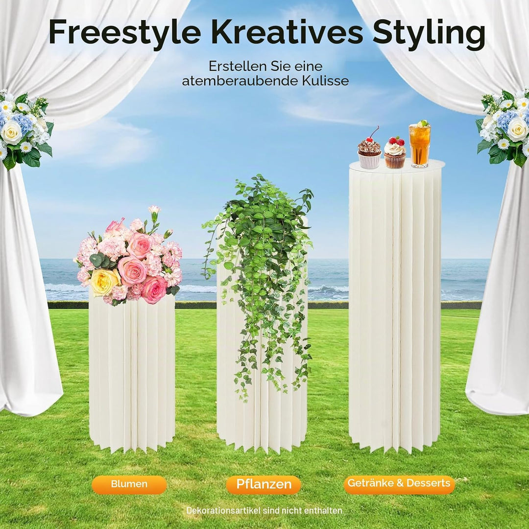 3 Stück Hochzeit Karton Blumensäule Vasen, Blumenständer Dekosäule Faltbarer Deko Säulen mit PVC-Pla