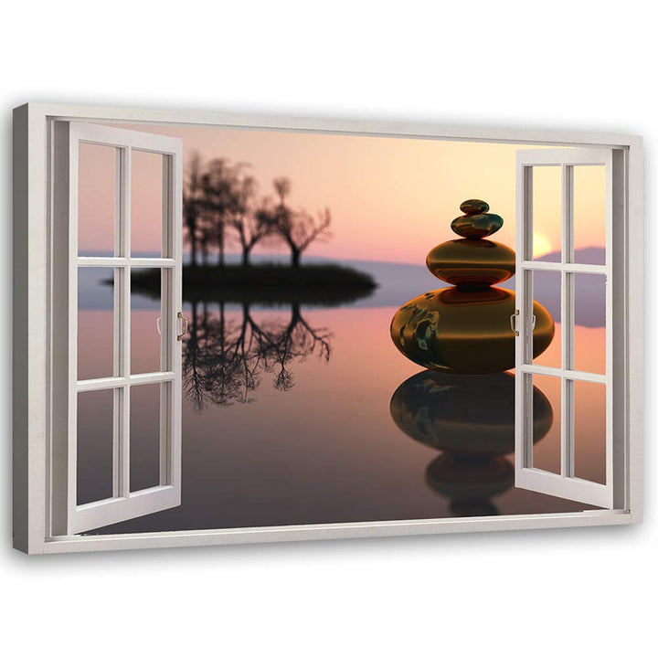 Feeby Wandbild Zen Steine Druckbild Leinwandbild Fenster-Illusion Braun 90x60 cm Leinwandbild 90x60