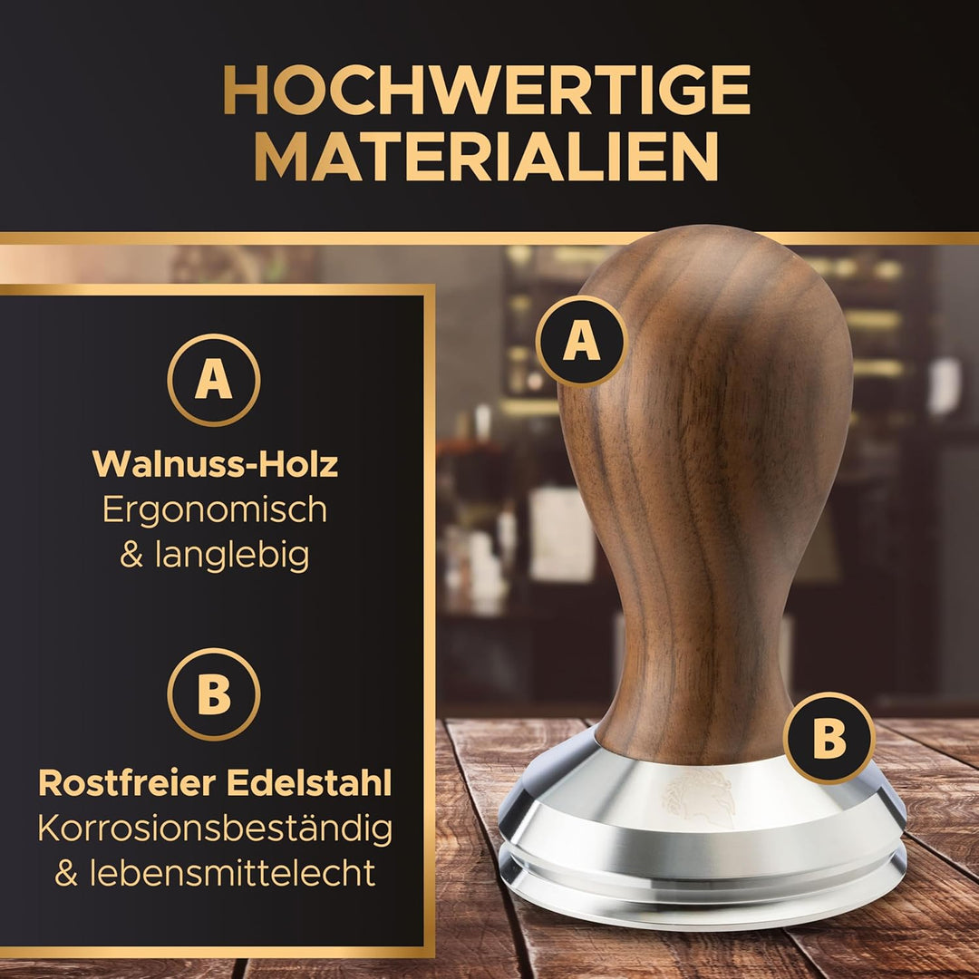 BaristaLegends Espresso Tamper 58,5mm – Präziser Kaffee-Tamper mit Edelstahlbase und Holzgriff, Anti