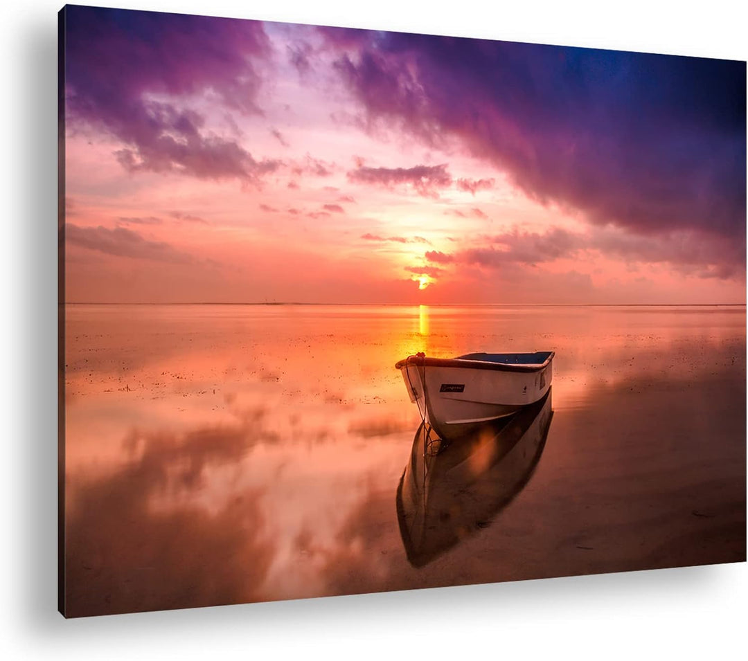 deyoli Einsames Boot im Sonnenuntergang Format:90x60 cm als Leinwandbild, Motiv fertig gerahmt auf E