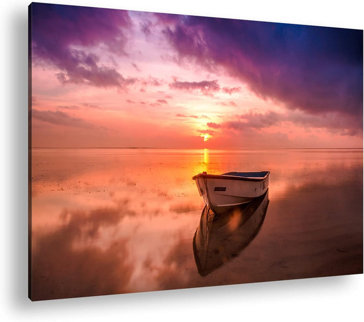 deyoli Einsames Boot im Sonnenuntergang Format:90x60 cm als Leinwandbild, Motiv fertig gerahmt auf E