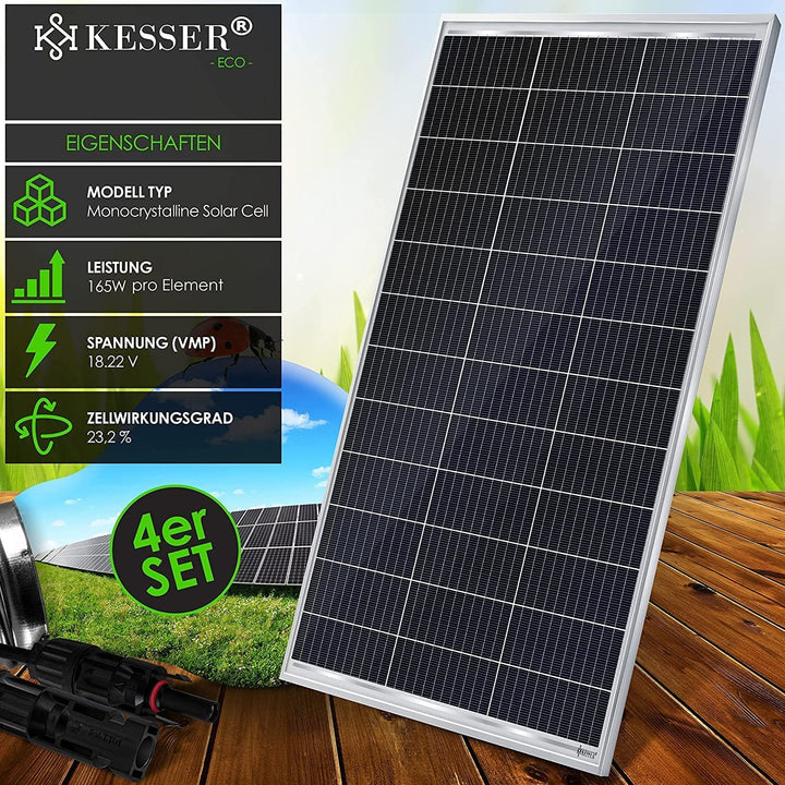 KESSER® Solarpanel 4er Set Monokristallin Solarmodul Solarpanel - 165W 18 V für 12 V Batterien, Phot