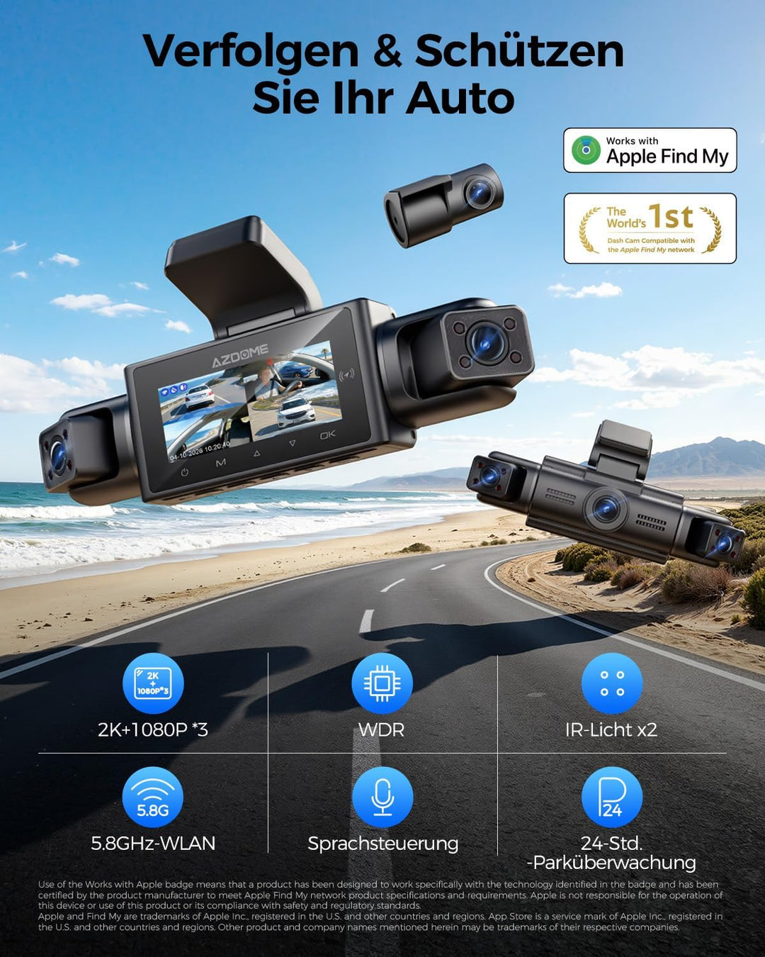 AZDOME Dashcam Auto 4 Kanal 360 Grad Dashcam mit Apple Find My (nur iOS), 5.8GHz WiFi, 64-GB-Karte,