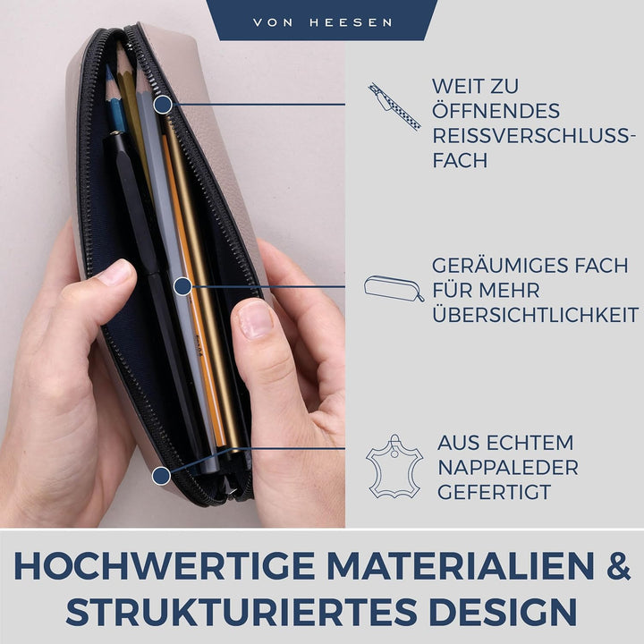 VON HEESEN® Echtleder Federmäppchen Leder Federmappe Etui für Stifte Mäppchen Schule Federtasche Uni