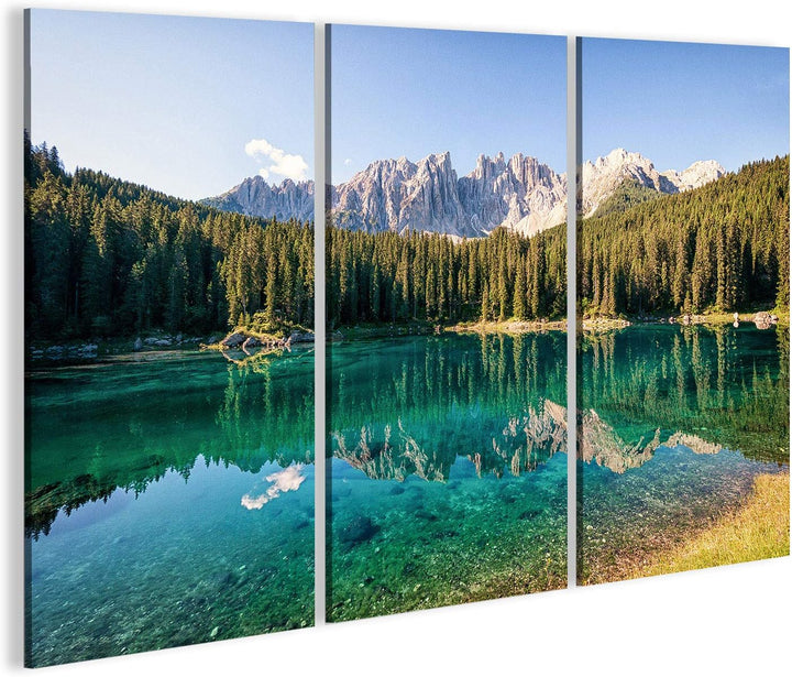 Bild auf Leinwand Karersee bei den Dolomiten in Italien Wandbild Poster Leinwandbild 130x80 3-teilig