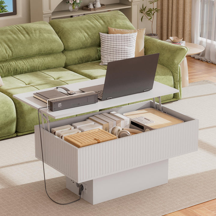 38,2" Lift-Top-Couchtisch mit Stauraum und LED-Beleuchtung, Moderner geriffelter Massivholz-Couchtis