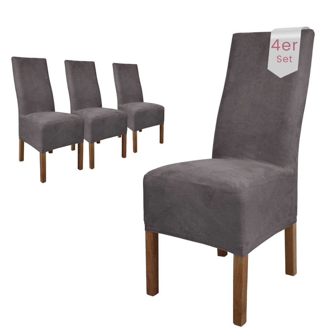 SCHEFFLER-Home Stuhlhussen 4er Set Leon Grau/elastische Wildleder Hussen für Stühle/Robustes Freisch
