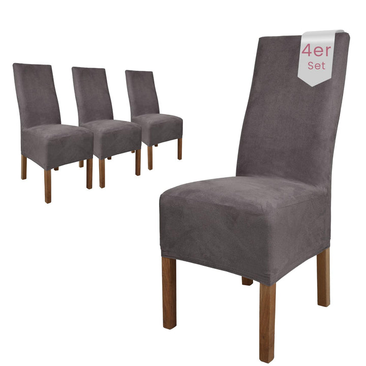 SCHEFFLER-Home Stuhlhussen 4er Set Leon Grau/elastische Wildleder Hussen für Stühle/Robustes Freisch