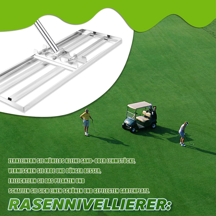 Rasen Nivellierrechen, 75x25 cm Edelstahl Garten Rasenrakel, Rasenrechen mit 180 cm Verlängertem Gri