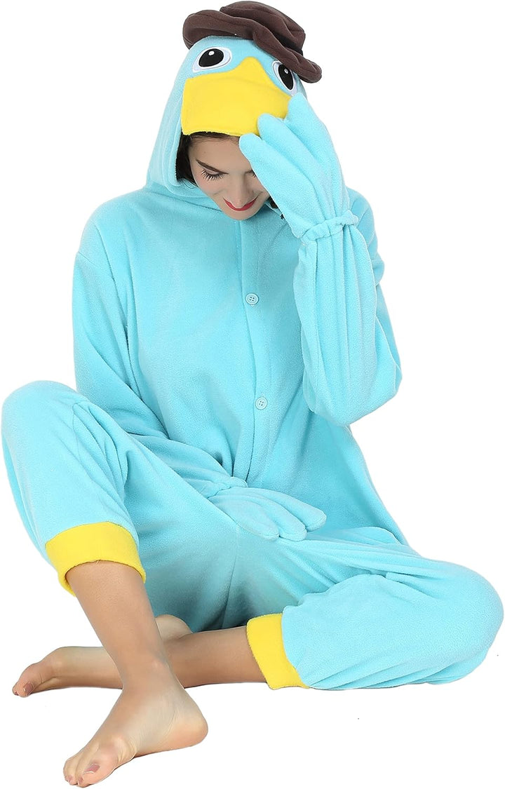 RANSUU Schnabeltier Kostüm Onesie Tier Jumpsuit Relaxo Kostuem Damen Herren Pyjama Halloween Schlafa