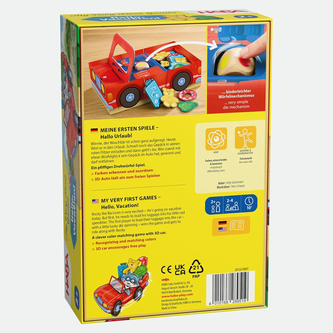 HABA Meine ersten Spiele – Hallo Urlaub! – Würfelspiel für Kinder ab 2 Jahren mit Waschbär & Auto –