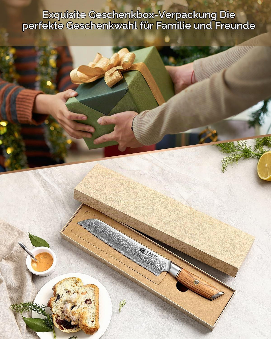 XINZUO Damaststahl Brotmesser 21.2cm, Damastpulverstahl 73 Schichten Küchenmesser, Profi Scharf Dama