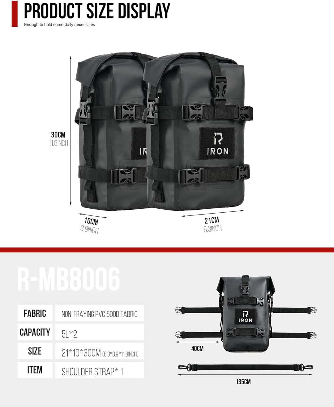 Sturzbügeltaschen Motorrad – 2×5L wasserdichte Crash Bar Bags aus 500D PVC, robuste Universal-Seiten