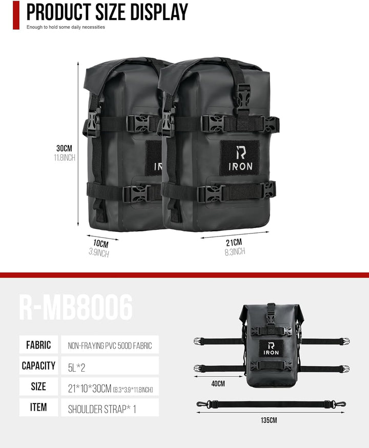 Sturzbügeltaschen Motorrad – 2×5L wasserdichte Crash Bar Bags aus 500D PVC, robuste Universal-Seiten