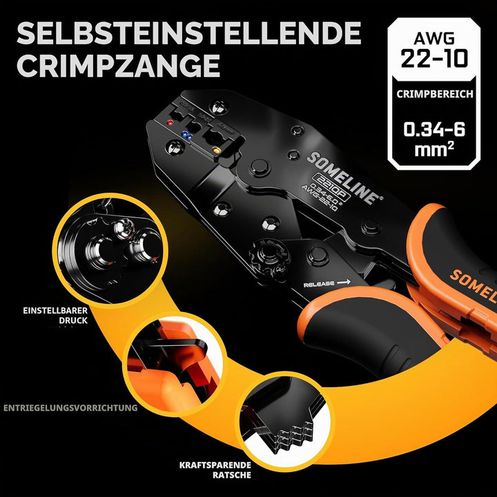 SOMELINE® Crimpzange Kabelschuhe, Kabelschuhzange für 0,34-6mm² isolierte Kabelschuhe, Elektrische S