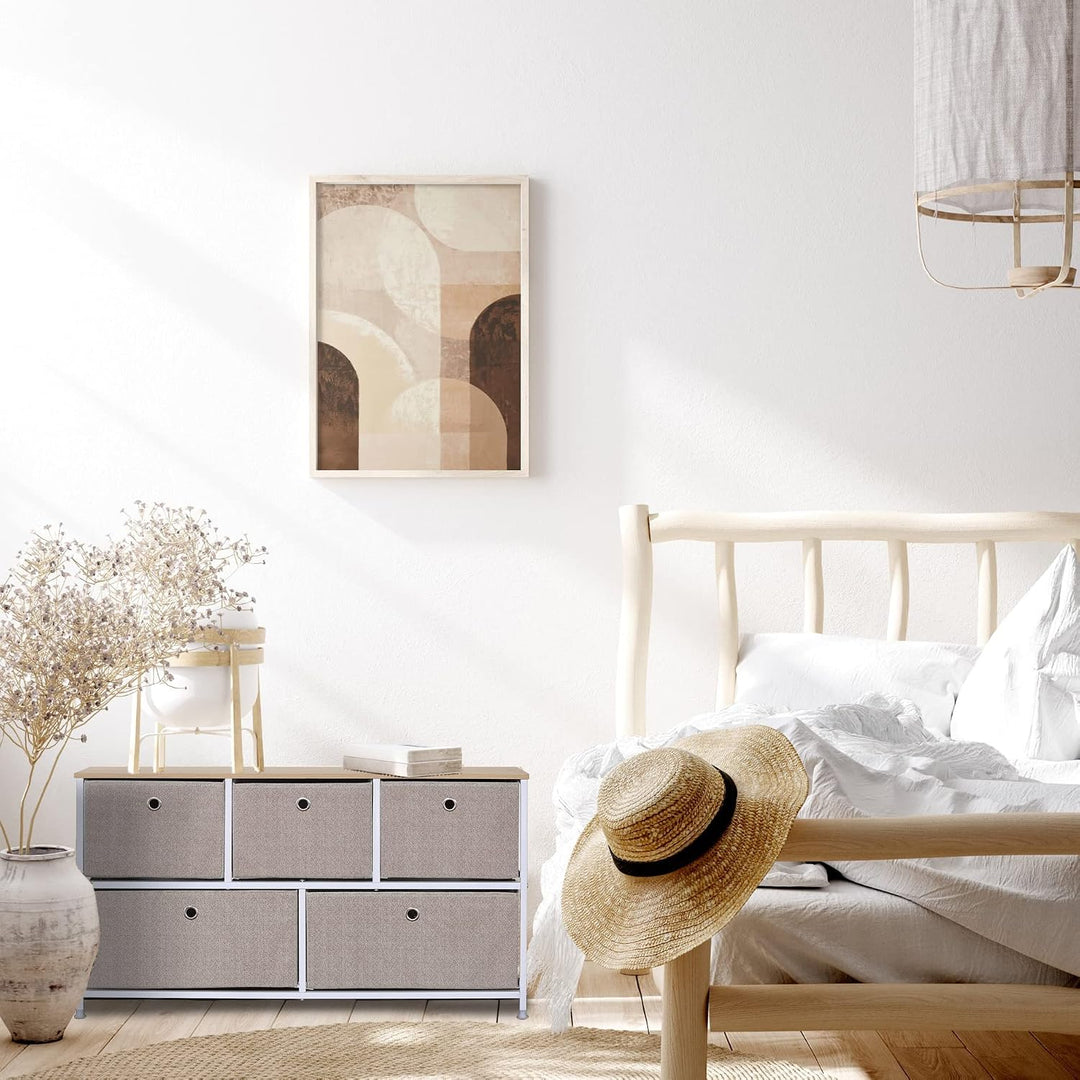 Rebecca Mobili Stoffkommode mit 5 Schubladen, niedrige Schubladen, weiss-beige, Metallrahmen, für Ba