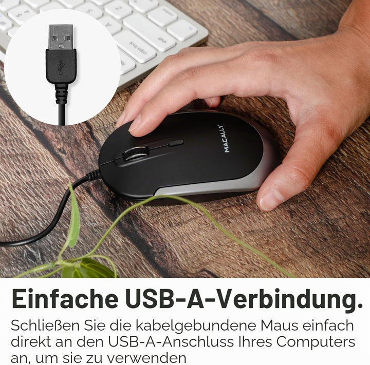 Macally DYNAMOUSE, MacBook Maus mit 3 Tasten und Scrollrad, optisch mit Kabel, Mouse für USB-A Noteb