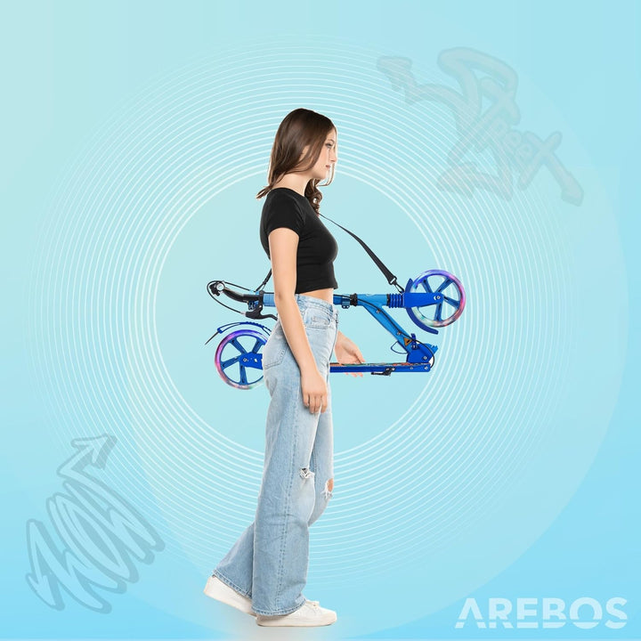 Arebos Cityroller Tretroller mit LED | höhenverstellbar | klappbar | inkl. Tragegurt | Hand- & Tritt