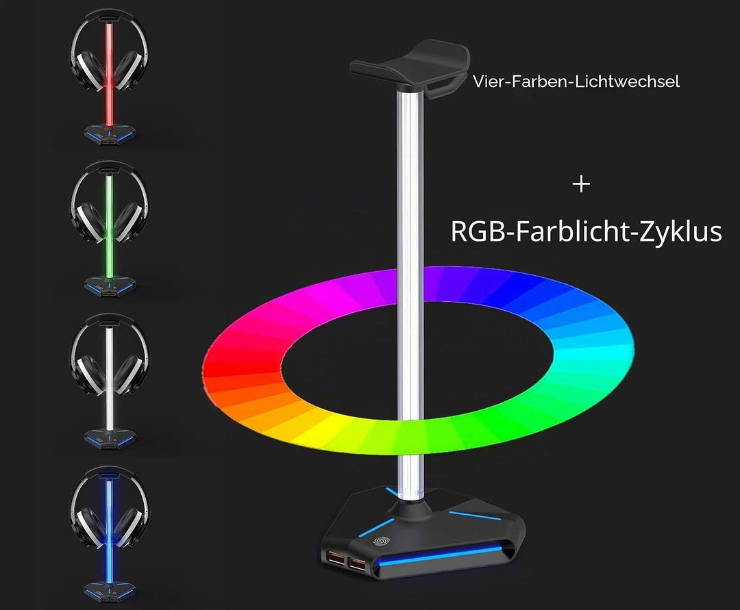 ALACOO RGB Kopfhörer Ständer, Headset Halterung Halter mit 2 USB 2.0-Anschlüssen, Typ C Eingang & Au