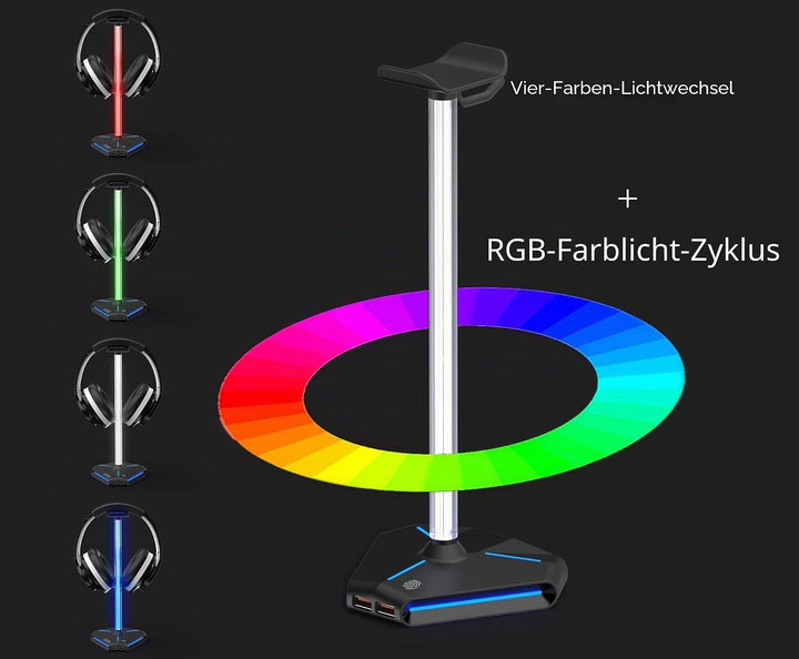 ALACOO RGB Kopfhörer Ständer, Headset Halterung Halter mit 2 USB 2.0-Anschlüssen, Typ C Eingang & Au