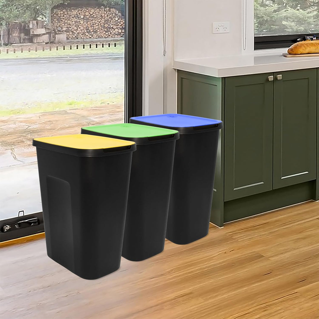 Spetebo Abfalleimer schwarz mit farbigem Klappdeckel 3er Set - 35 L - Mülltrennsystem für Kunststoff