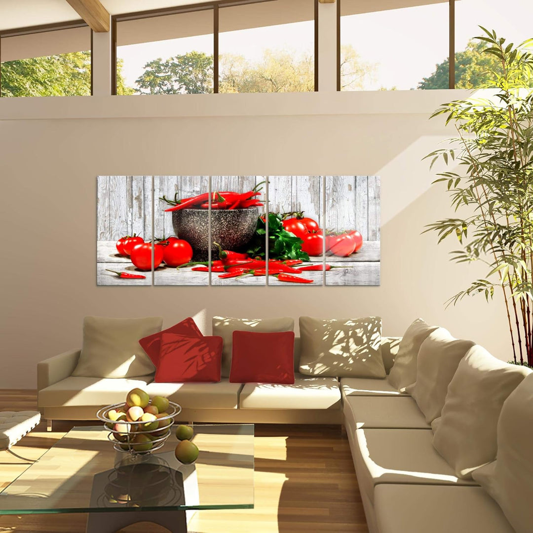 Runa Art Wandbild XXL Küche - Gemüse Esszimmer Küchenbilder 200 x 80 cm Weiss Rot 5 Teilig - Made in