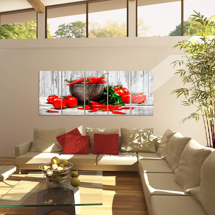 Runa Art Wandbild XXL Küche - Gemüse Esszimmer Küchenbilder 200 x 80 cm Weiss Rot 5 Teilig - Made in