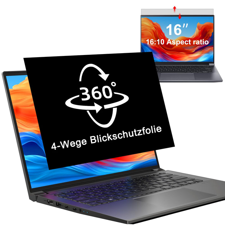 360° Blickschutzfolie für 16 Zoll Laptop 16:10 Seitenverhältnis, Abnehmbarer Anti Spy Sichtschutzfol